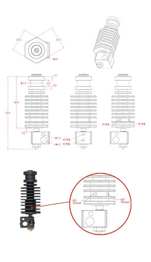 Immagine di XCR-BP6 Improved V6 All Metal 1.75mm 0.4mm Straight Nozzle Throat Kit with 24v Catridge Heater