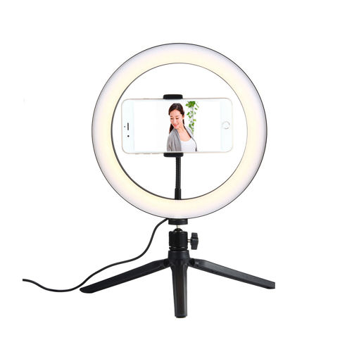 Immagine di 10 Inch LED Dimmable 3200K-5500K Video Ring Light with Phone Clip Tripod Head Mini Tripod