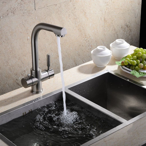 Immagine di Flexible Chrome Brass Kitchen Sink Bathroom Clean Wash Cold & Hot Basin Twin Lever Faucet Mixer Tap
