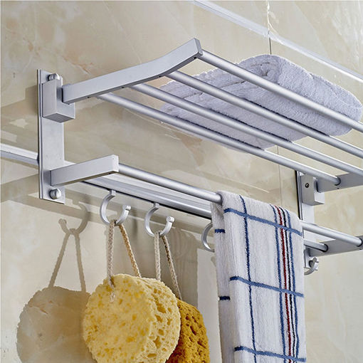 Immagine di Alumimum Folded Silver Bath Towel Shelf Washcloth Rack Holder With 5 Hooks
