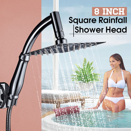 Immagine di Square 8 Inch Rainfall Shower Head Extension with Shower Arm Hose Kit Overhead