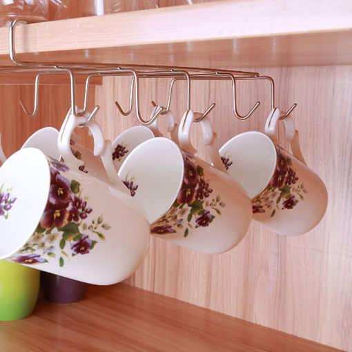 Immagine di 12 Hooks Stainless Steel Kitchen Storage Rack Cupboard Hanging Hook Shelf Dish Hanger Chest Storage