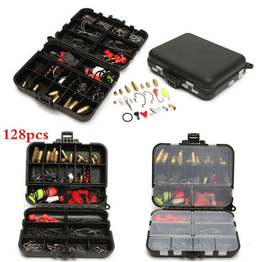 Picture of 128pcs Fishing Lures Hooks Baits Black Tackle Box Full Storage Case Tool Set