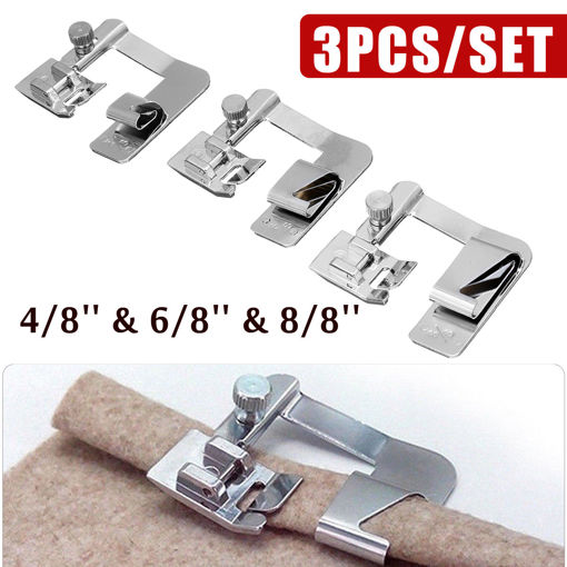 Immagine di 3Pcs Domestic Sewing Machine Presser Foot Rolled Hem Feet Set 4/8'' 6/8'' 8/8''