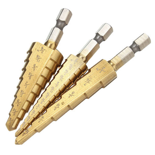 Immagine di 3pcs Titanium Coated Step Drill Bit Quick Change 1/4 Inch Hex Shank