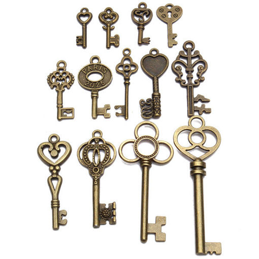 Picture of 13pcs Antique Vintage Old Look Skeleton Key Lot Set Pendant Heart Bow Lock Steampunk Jewel