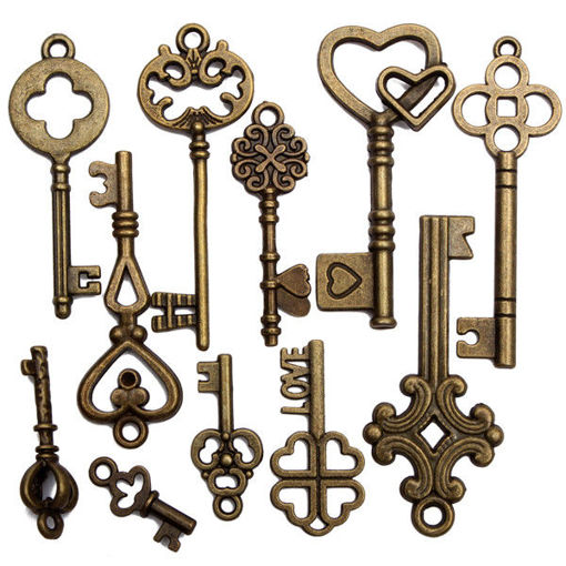 Picture of 11Pcs Antique Vintage Old Look Skeleton Key Set Pendant Heart Bow Steampunk Lock