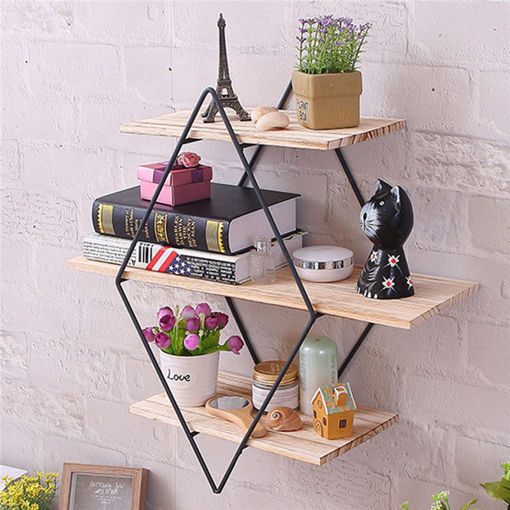 Picture of 50x50x19cm Retro Rhombus Wood Iron Craft Wall Shelf Rack Storage Industrial Style Decorations